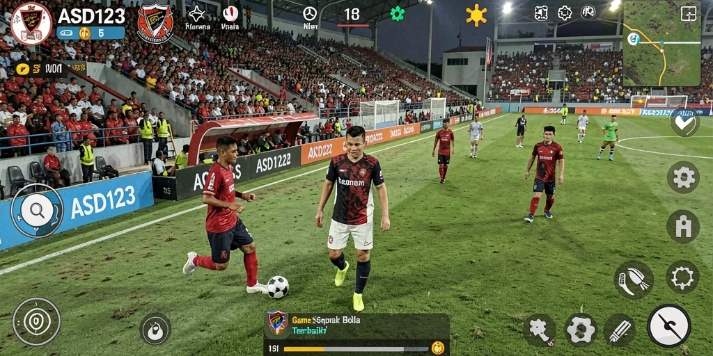 Screenshot gameplay menunjukkan aksi seru permainan sepak bola.