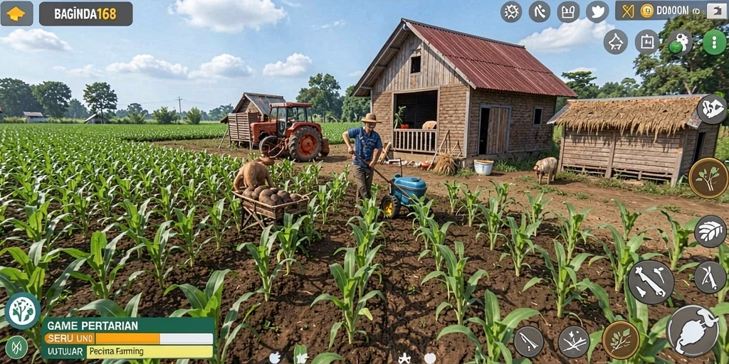 Screenshot menampilkan gameplay seru dari BAGINDA168 di kebun pertanian.