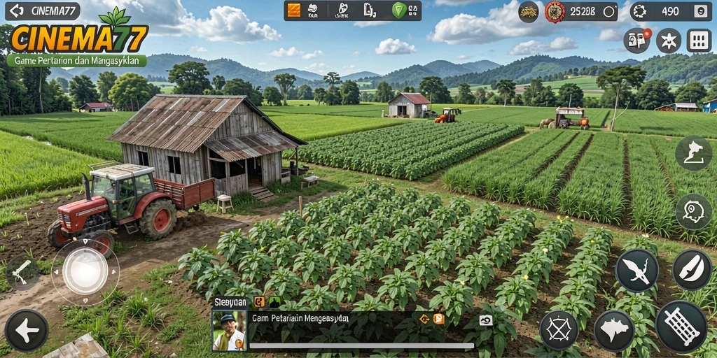 Tampilan gameplay <strong>CINEMA77</strong> yang menunjukkan kegiatan bertani dan berternak.