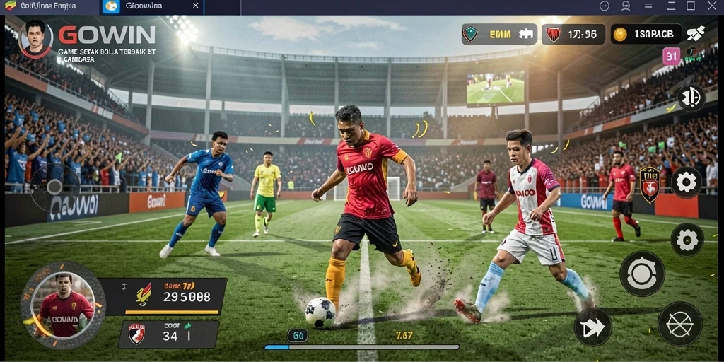 Screenshot gameplay GOWIN menunjukkan aksi seru di lapangan sepak bola.
