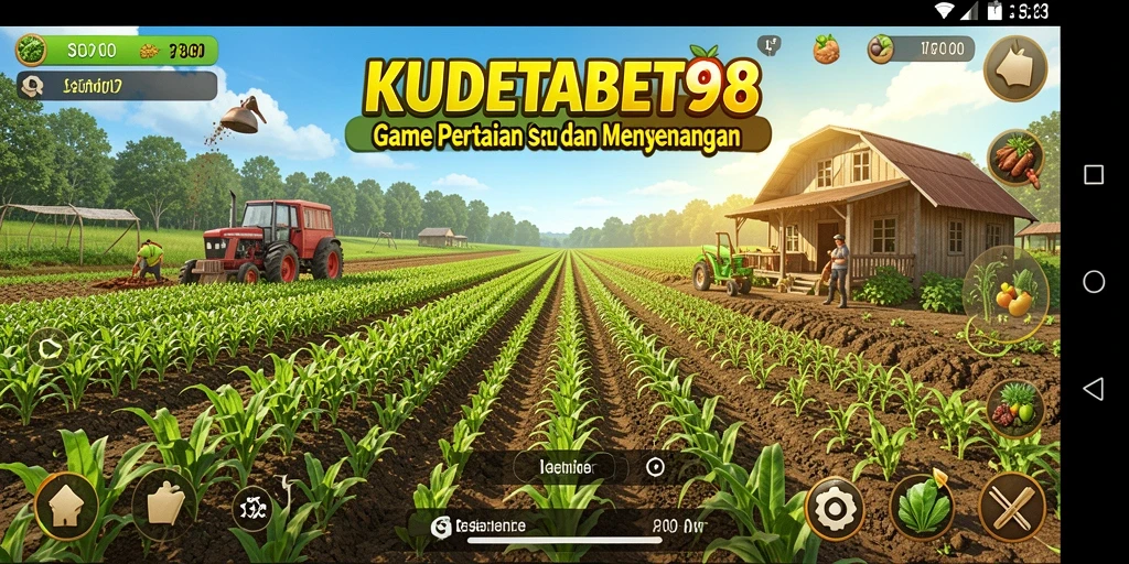 Screenshot gameplay KUDETABET98 menunjukkan suasana ladang yang hijau dan penuh aktivitas.