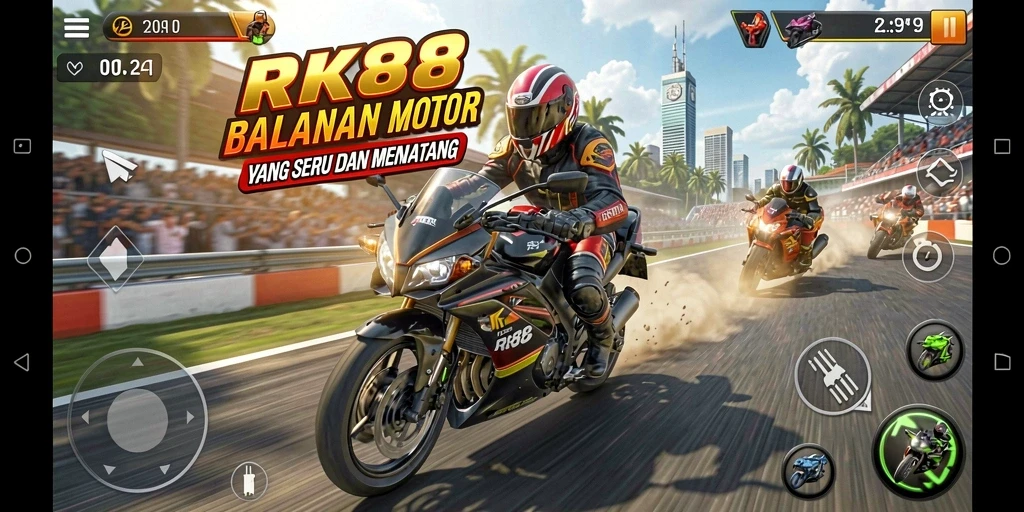 Tampilan gameplay RK88 yang mendebarkan dengan motor balap di trek.